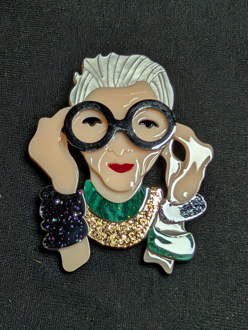 Glamorous Older Woman Cocktail Brooch Acrylic Glitter Statement Pin